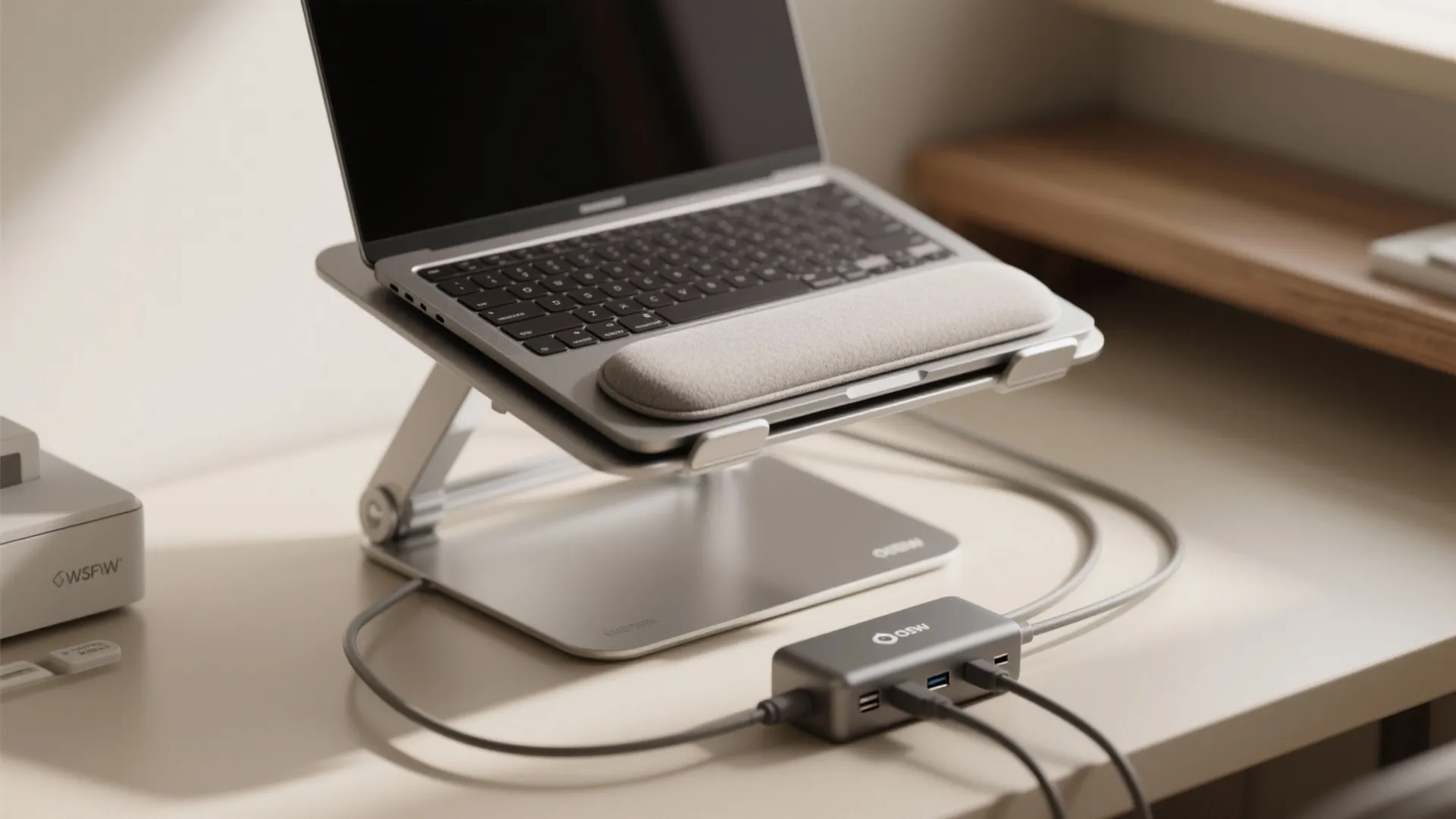 Silver laptop stand holding laptop with wrist rest and multiport hub on white office work desk