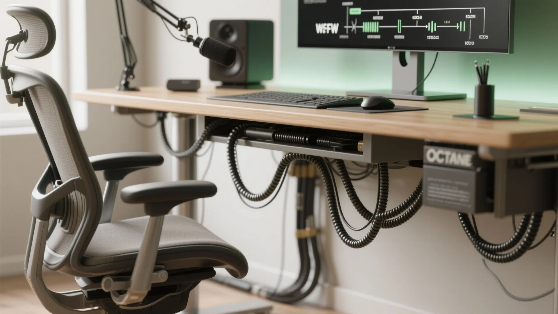 Modern wood desk with computer monitor black chair microphone and organized cables in home office