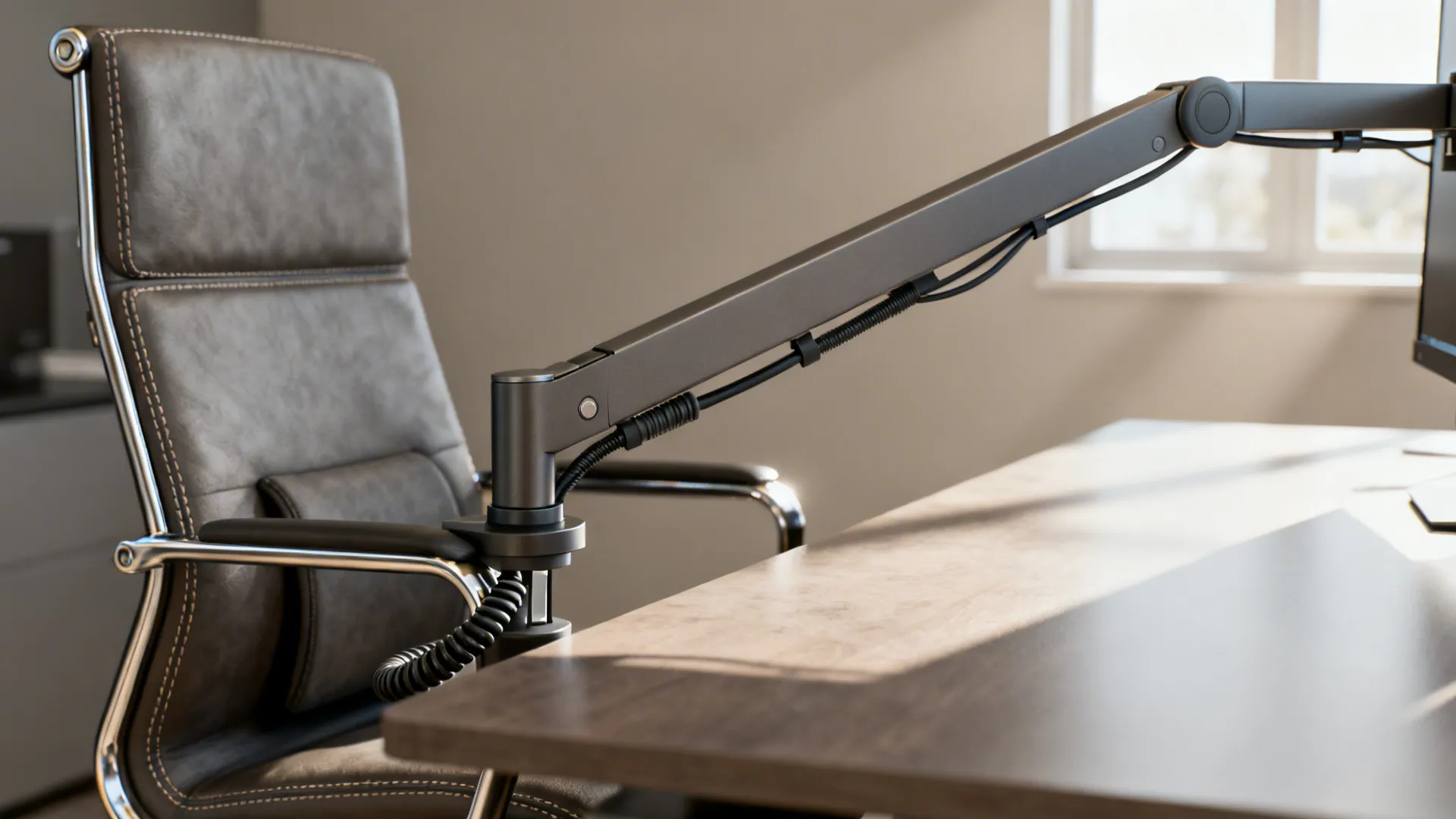 Ergonomic monitor arm, chair and cable management accessories on a tidy desk.
