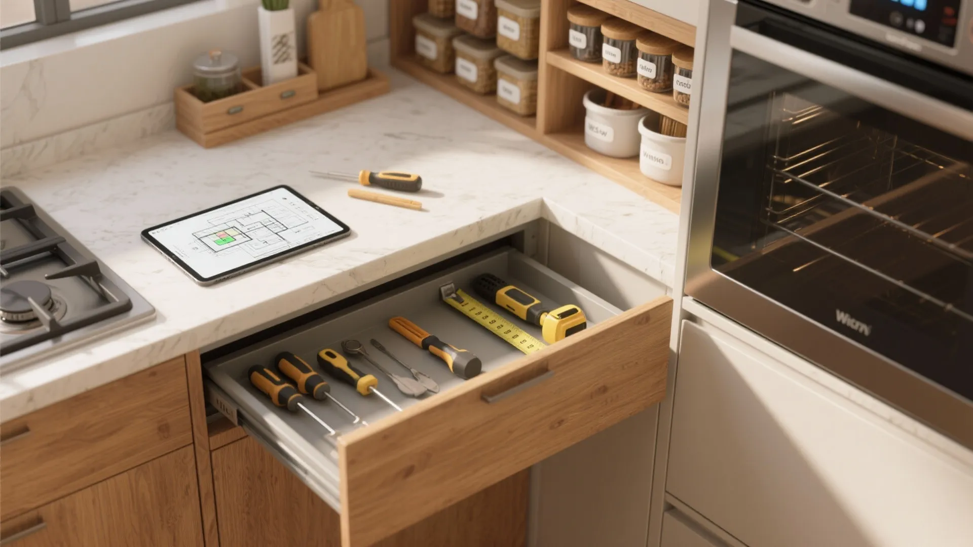 Kitchen counter with tablet showing floor plan plus open drawer containing tools and measuring tape