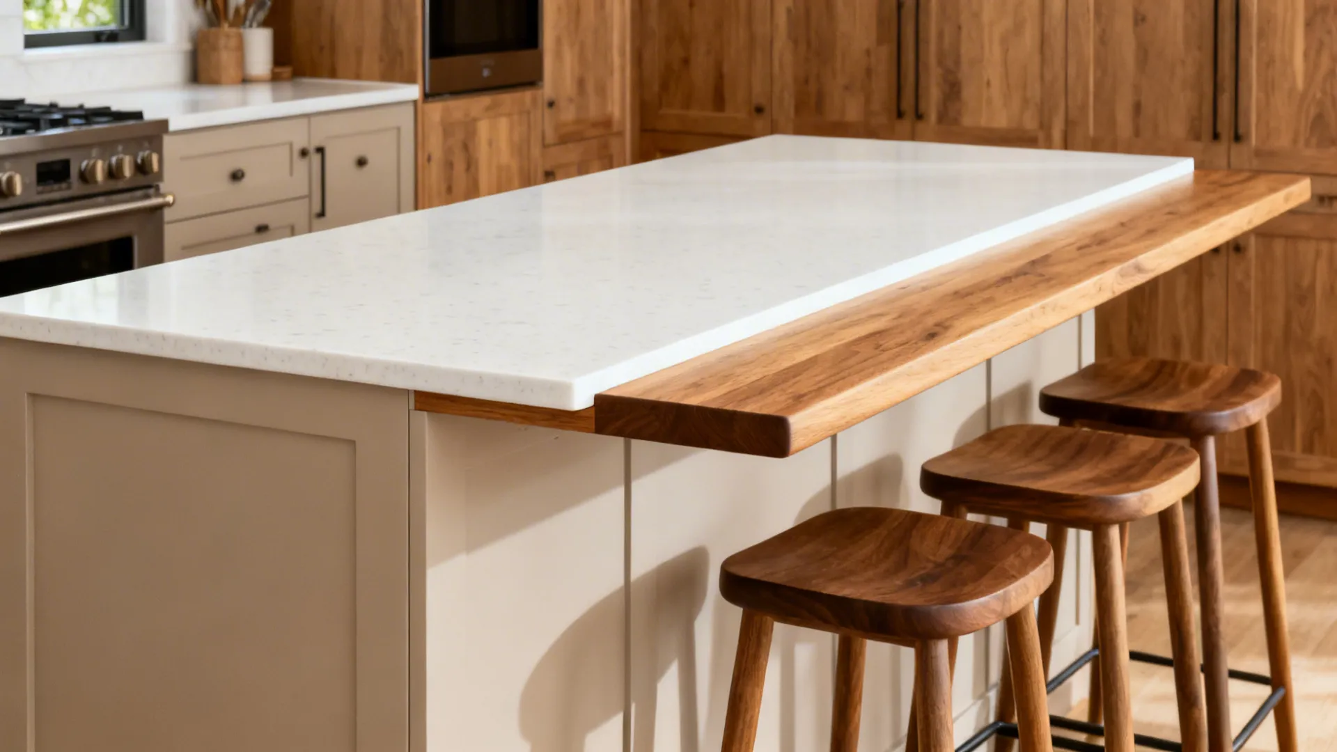 Kitchen with quartz and oak edge counters at 37 inches plus a 42 inch snack ledge.