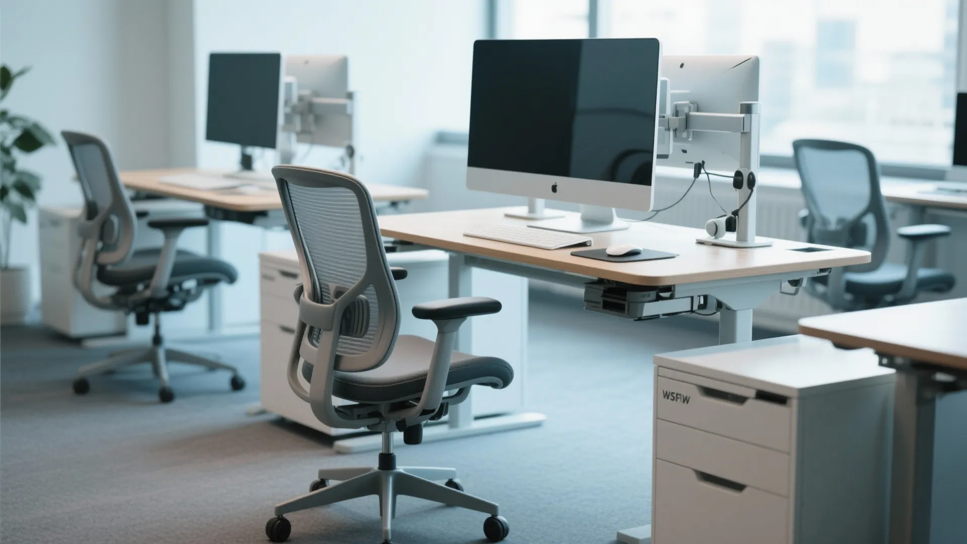 Modern office workstation with ergonomic chair computer monitor on desk with white cabinet and plants