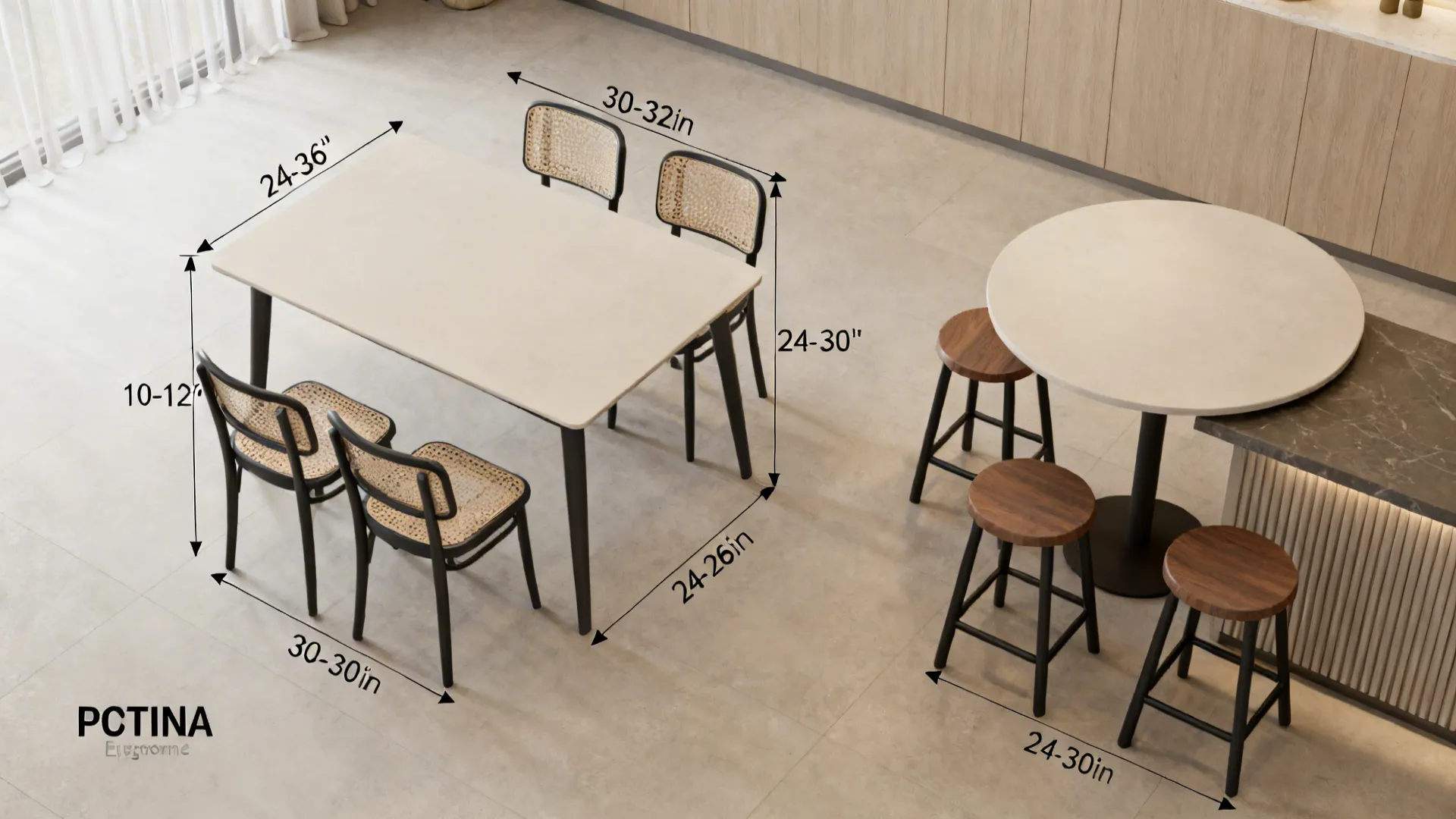 Top-down ergonomic view showing table heights, stool heights, knee and seating clearances.