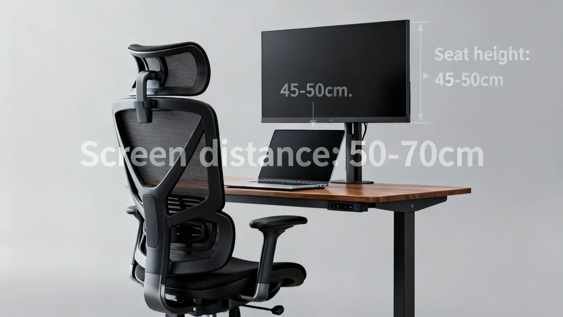 Ergonomic small-desk setup showing adjustable chair, monitor height, and recommended distances.