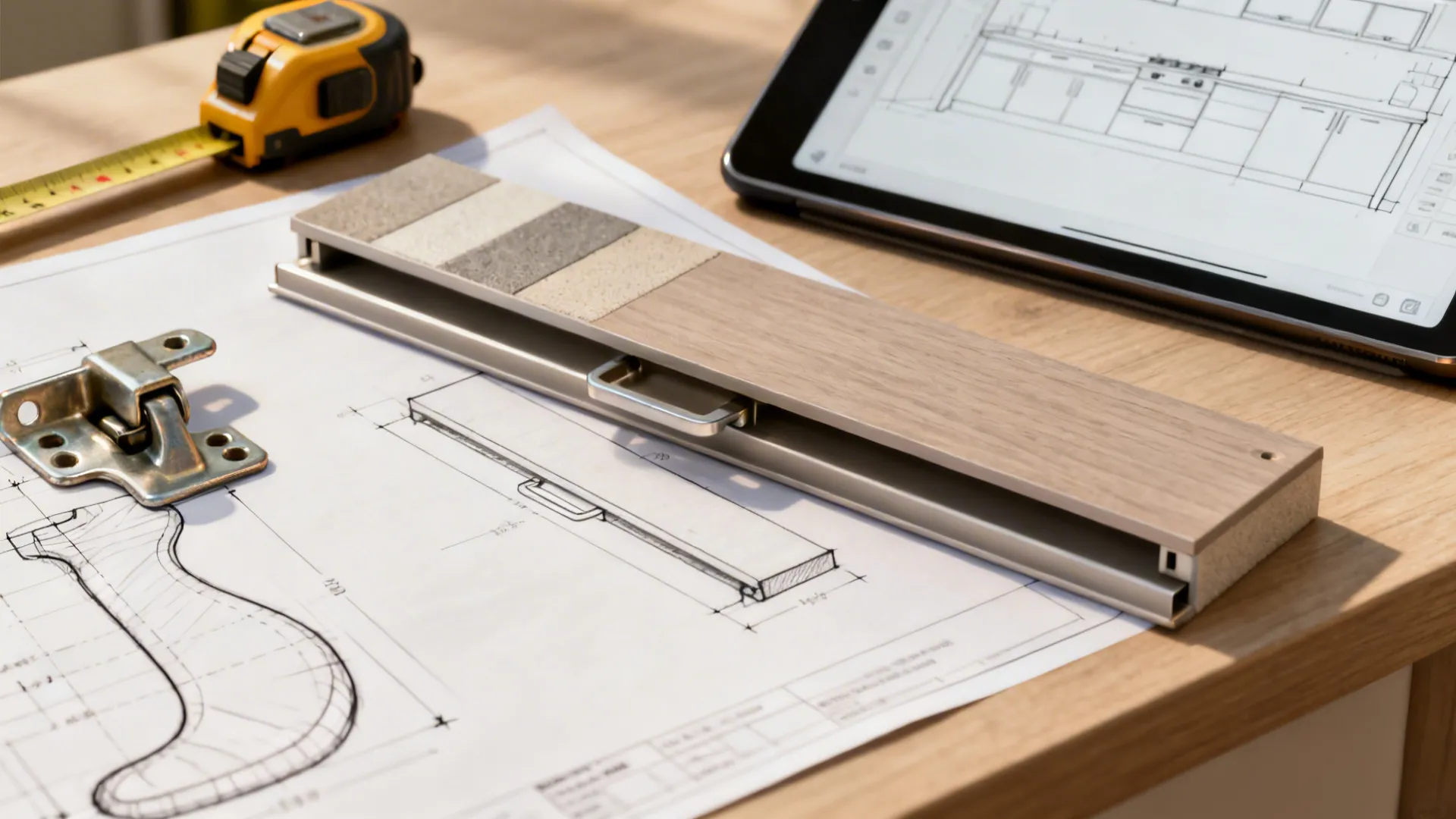 Design desk with ergonomic sketch, hardware samples, and a tablet showing a kitchen plan.