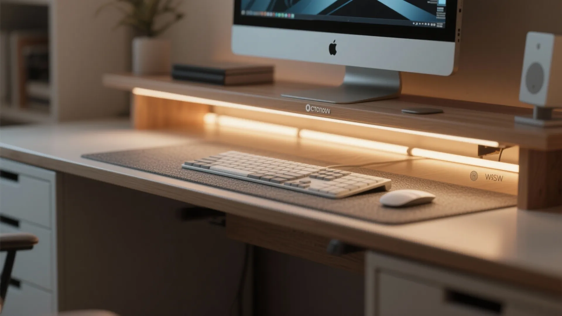 Close-up of under-shelf LED lighting and ergonomic monitor placement at a compact hutch desk.