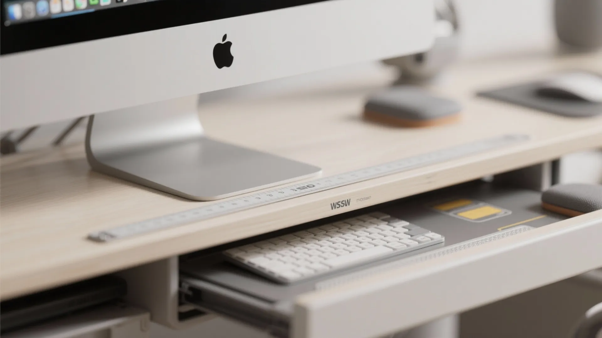 Macro view of monitor set to eye level and a pull-out keyboard tray showing ergonomic posture and measurements.