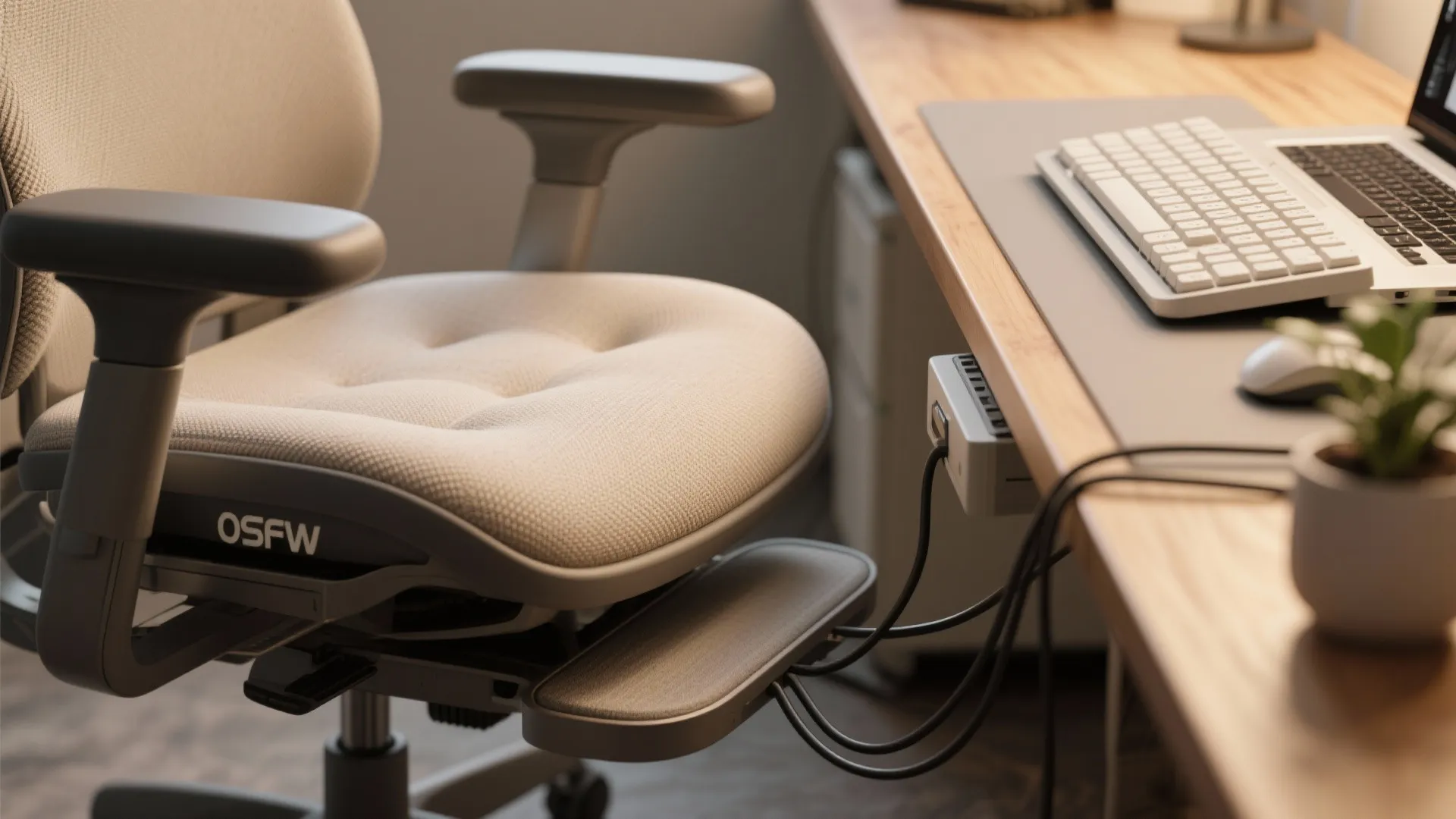 Close-up of ergonomic accessories: chair cushion, external keyboard, laptop riser and footrest on a light wood desk.