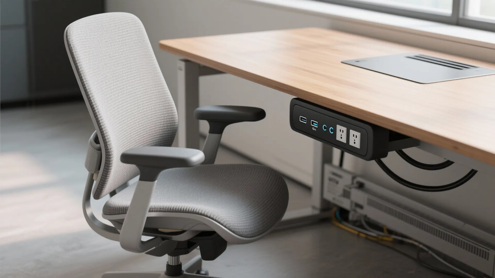 Grey office chair next to wooden desk with built in power outlets and USB ports