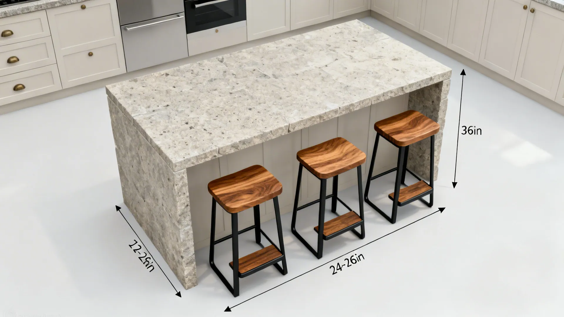 Top-down view showing ergonomic stool placement and clearances at a kitchen island.