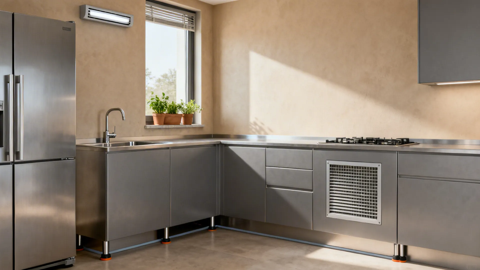 Ernakulam kitchen with an L-shaped aluminium layout, window exhaust, and mesh panel for airflow.
