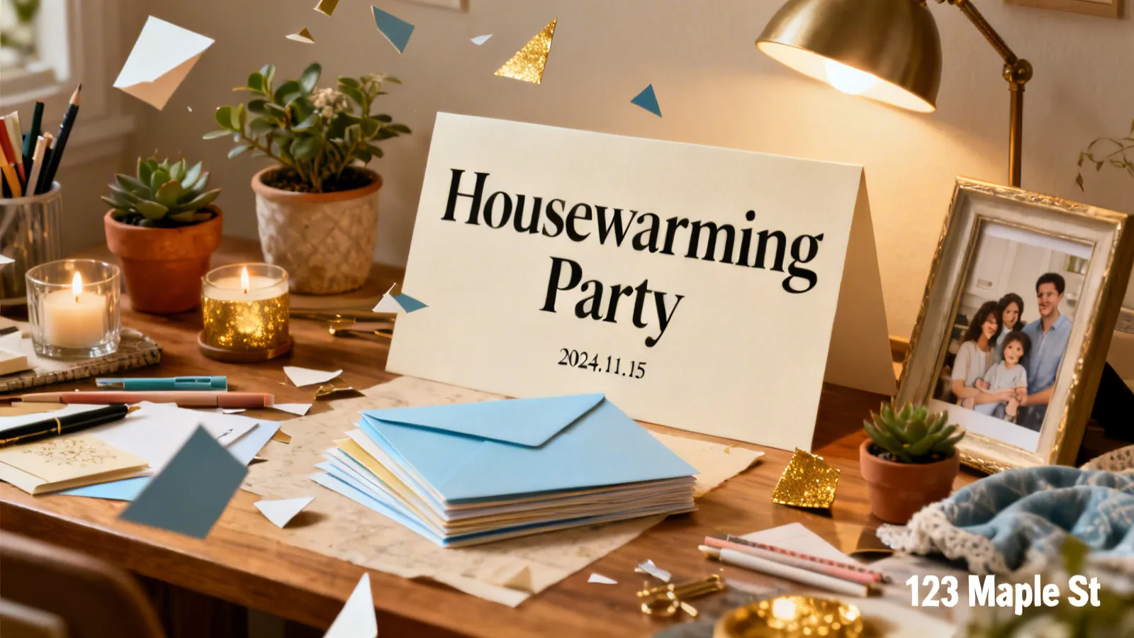 A housewarming party card on a desk with envelopes small plants a lamp and confetti