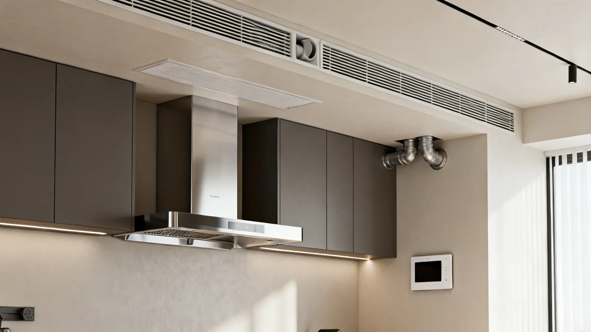 Apartment kitchen with a canopy hood and discreet ERV grille integrated above cabinets.