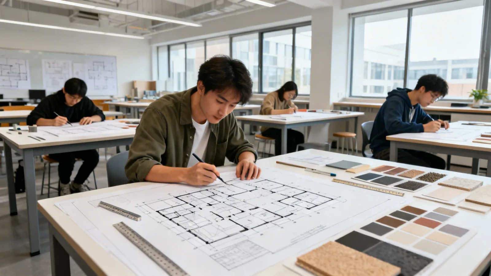 aula de escuela de diseño de interiores con estudiantes trabajando en planos