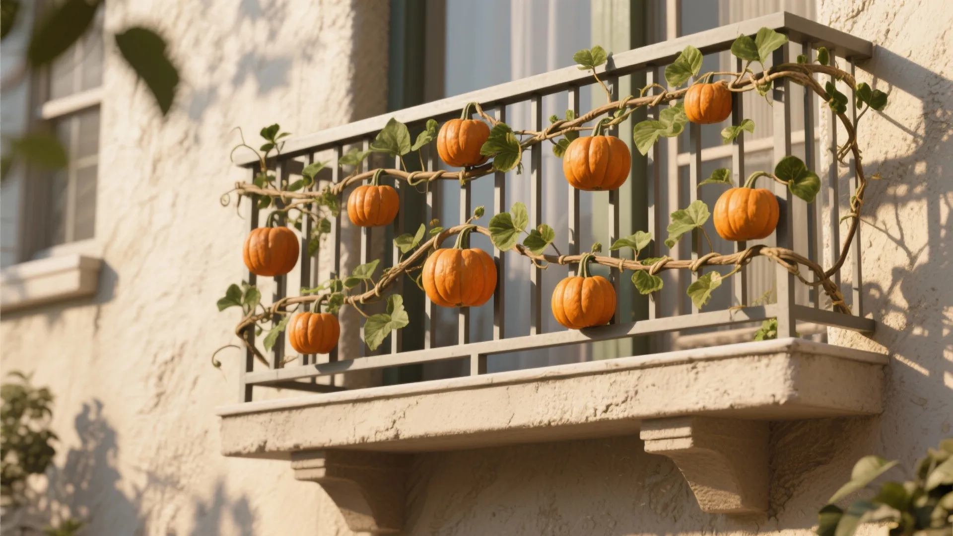 Small pumpkins hanging from green vines growing along a metal balcony railing of a house