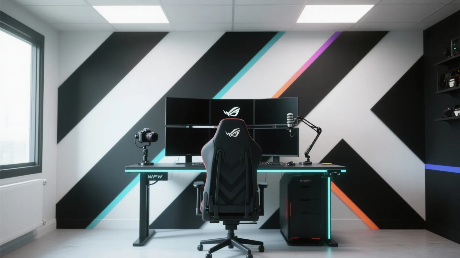 Modern gaming setup with multiple monitors black desk red chair and geometric wall pattern design
