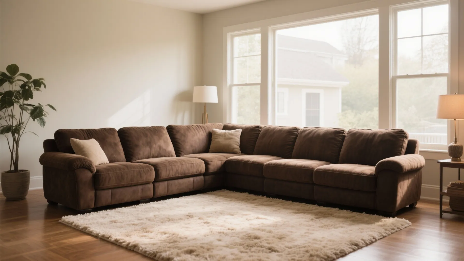 Brown sectional sofa on white fluffy rug in a bright living room with large windows