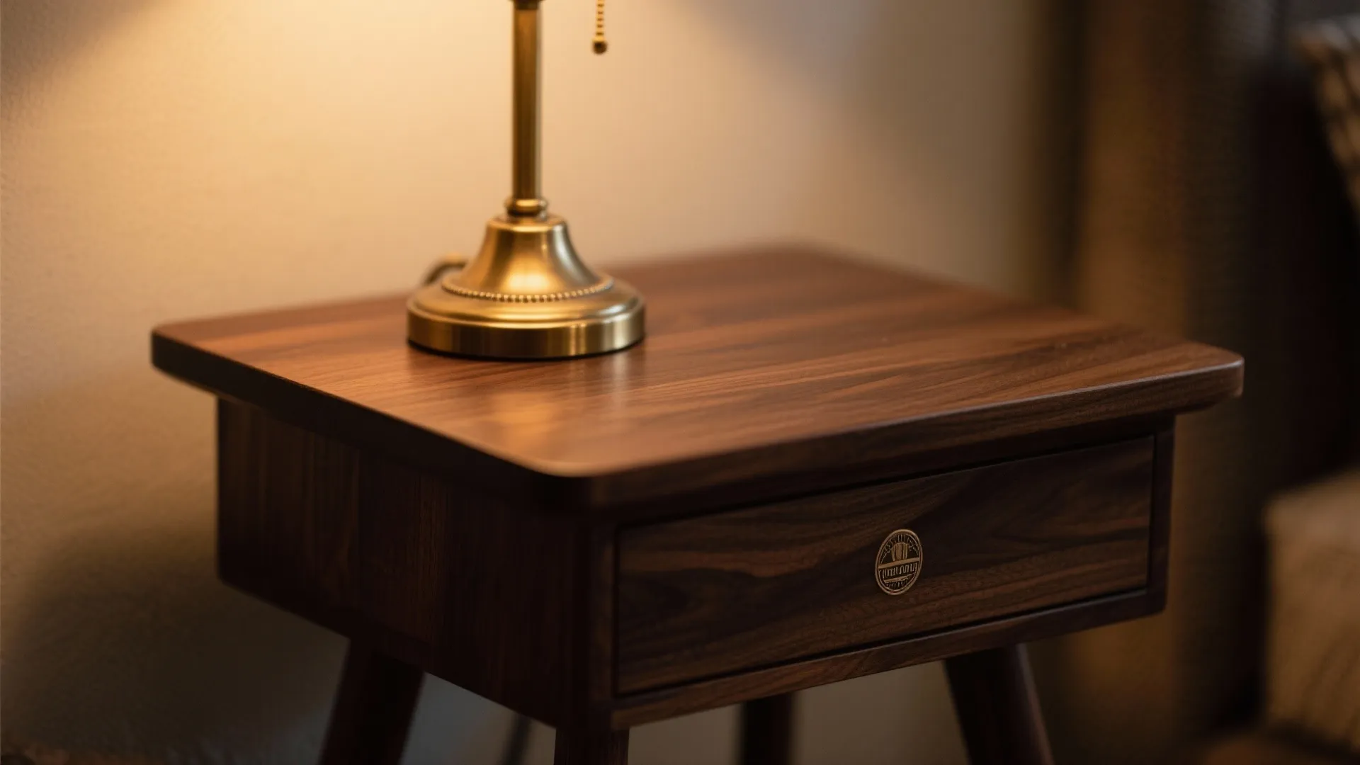 Close up of a dark wood bedside table with a brass lamp and single drawer