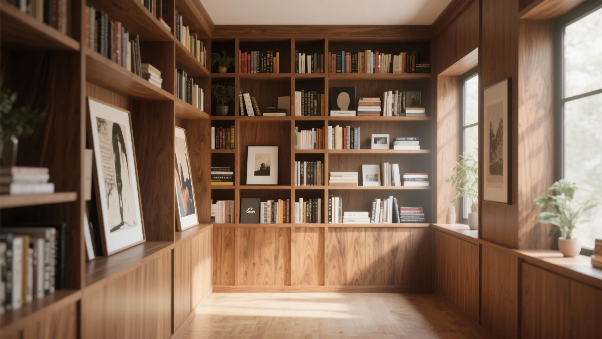 Full wall built in wood bookshelf filled with books and framed art in home office