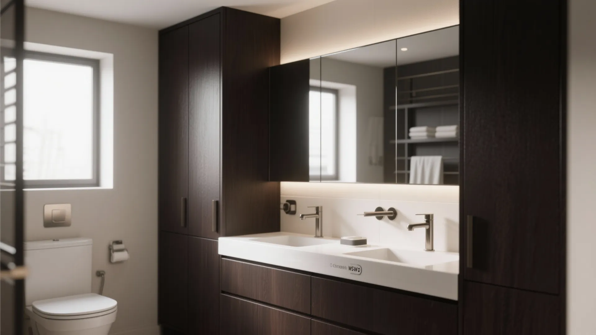Minimalist bathroom featuring dark brown tall cabinets double white sink large mirror and white wall toilet