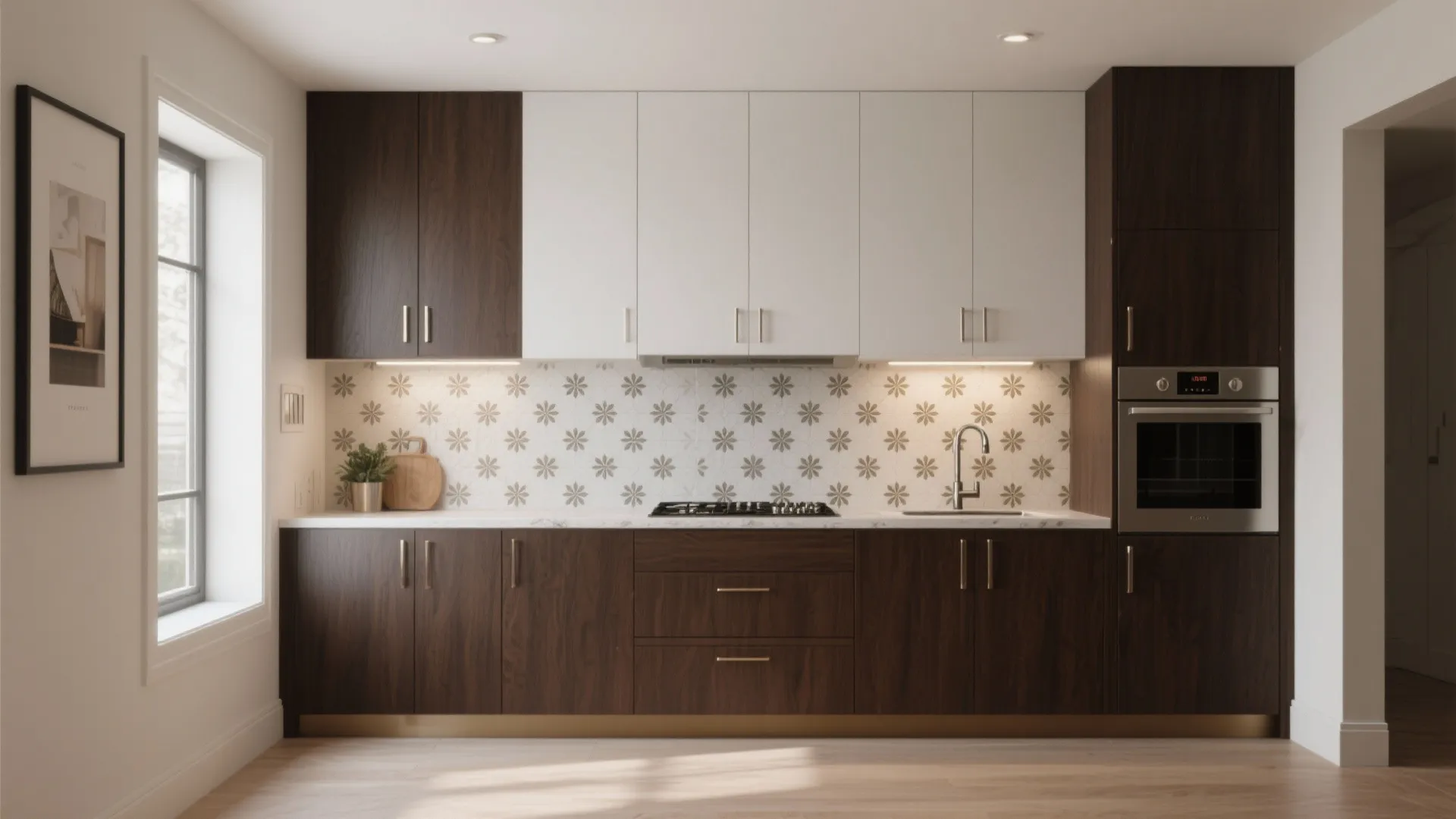Modern kitchen with dark wood lower cabinets white upper cabinets patterned backsplash and built in oven