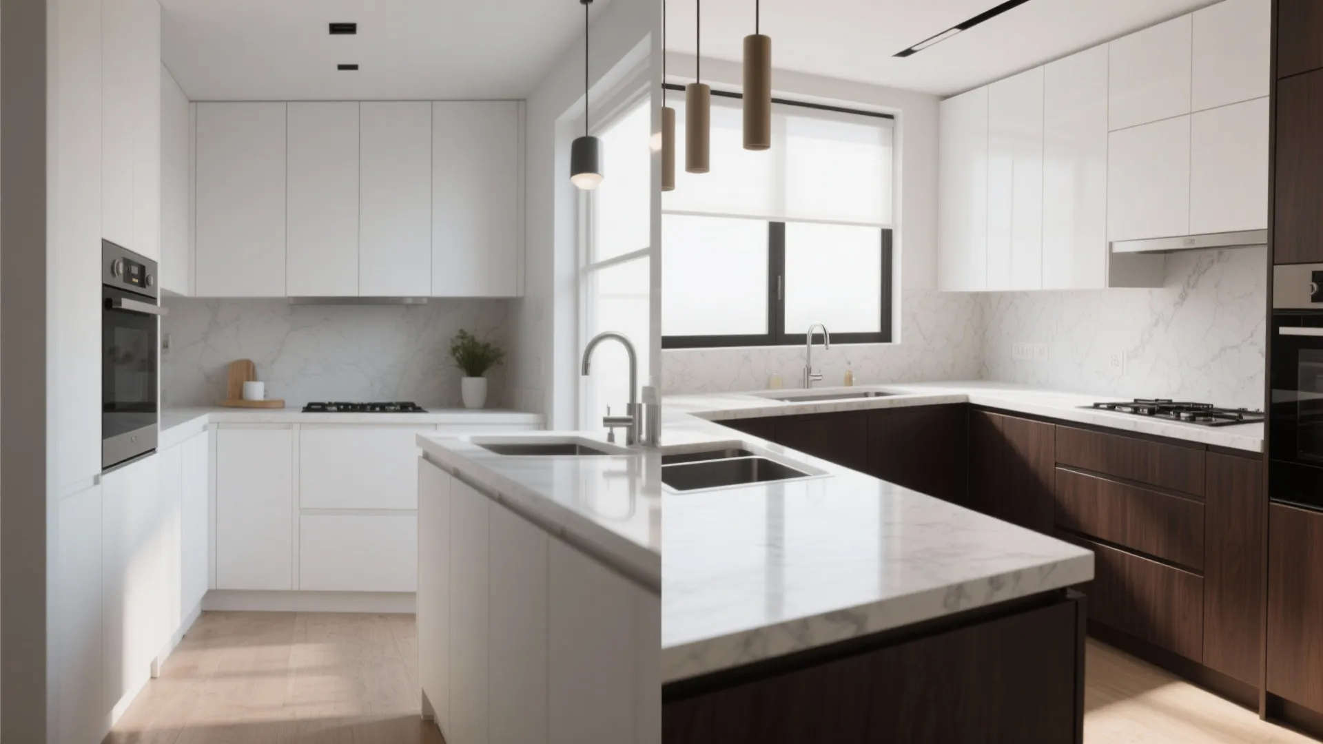 Comparison of a bright white kitchen design versus a dark wood cabinet kitchen design style