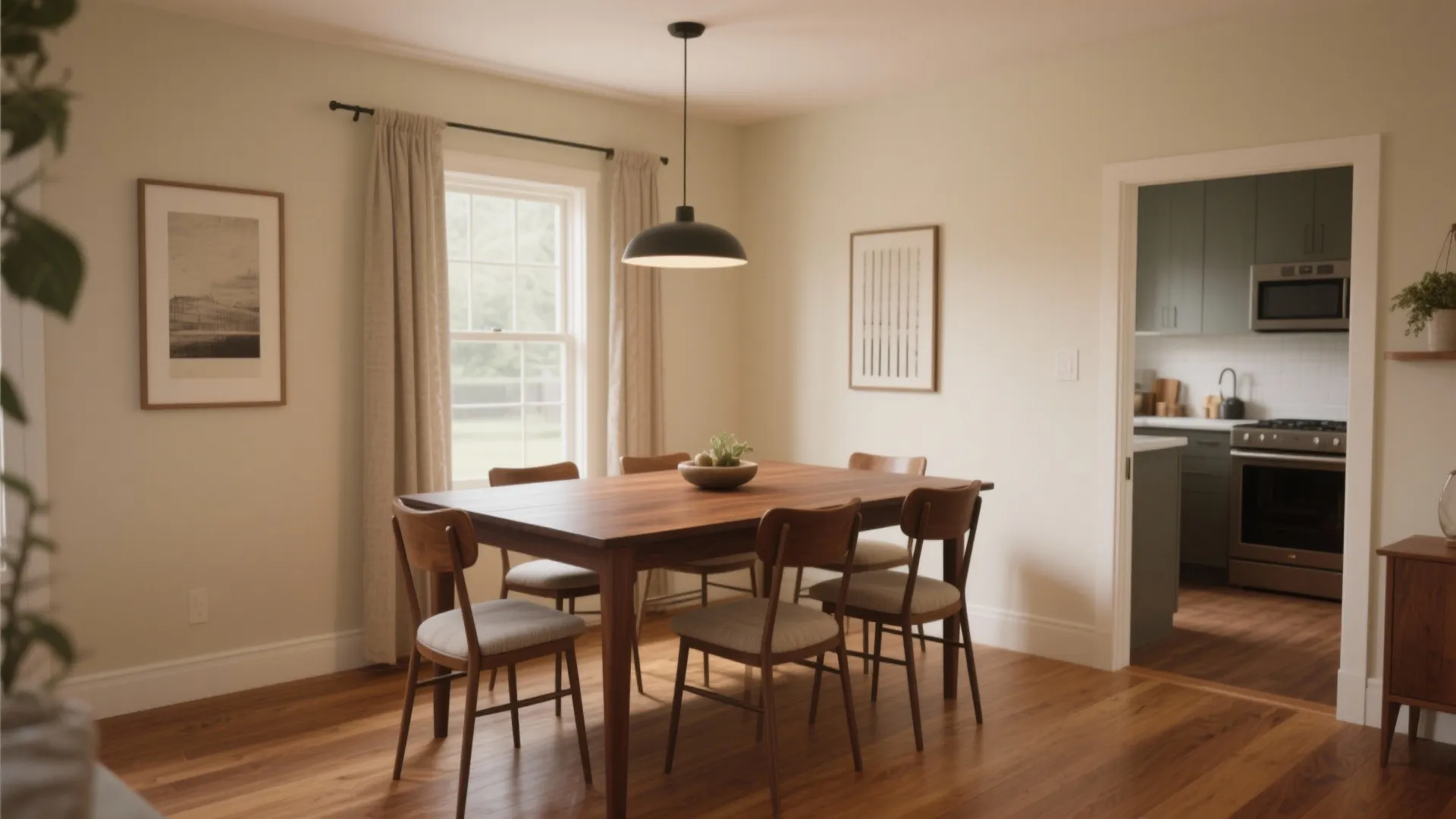 Warm dining room with wooden table and chairs plus black ceiling light and kitchen view
