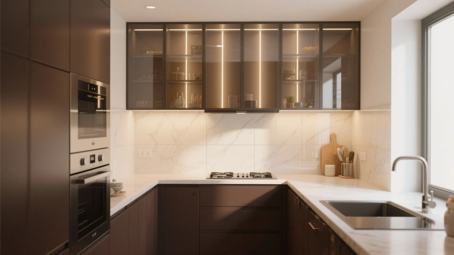 Modern kitchen with dark brown cabinets white marble backsplash glass wall cabinets and integrated oven
