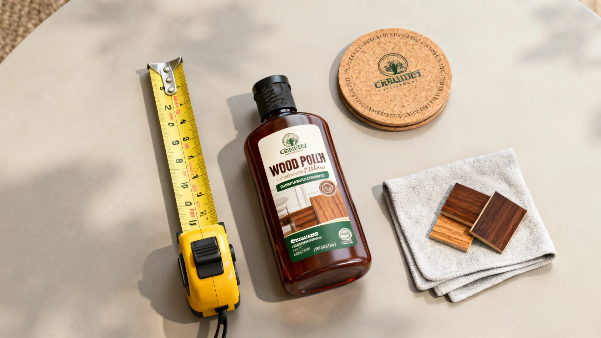 Yellow measuring tape beside wood polish bottle and floor samples on a plain grey surface