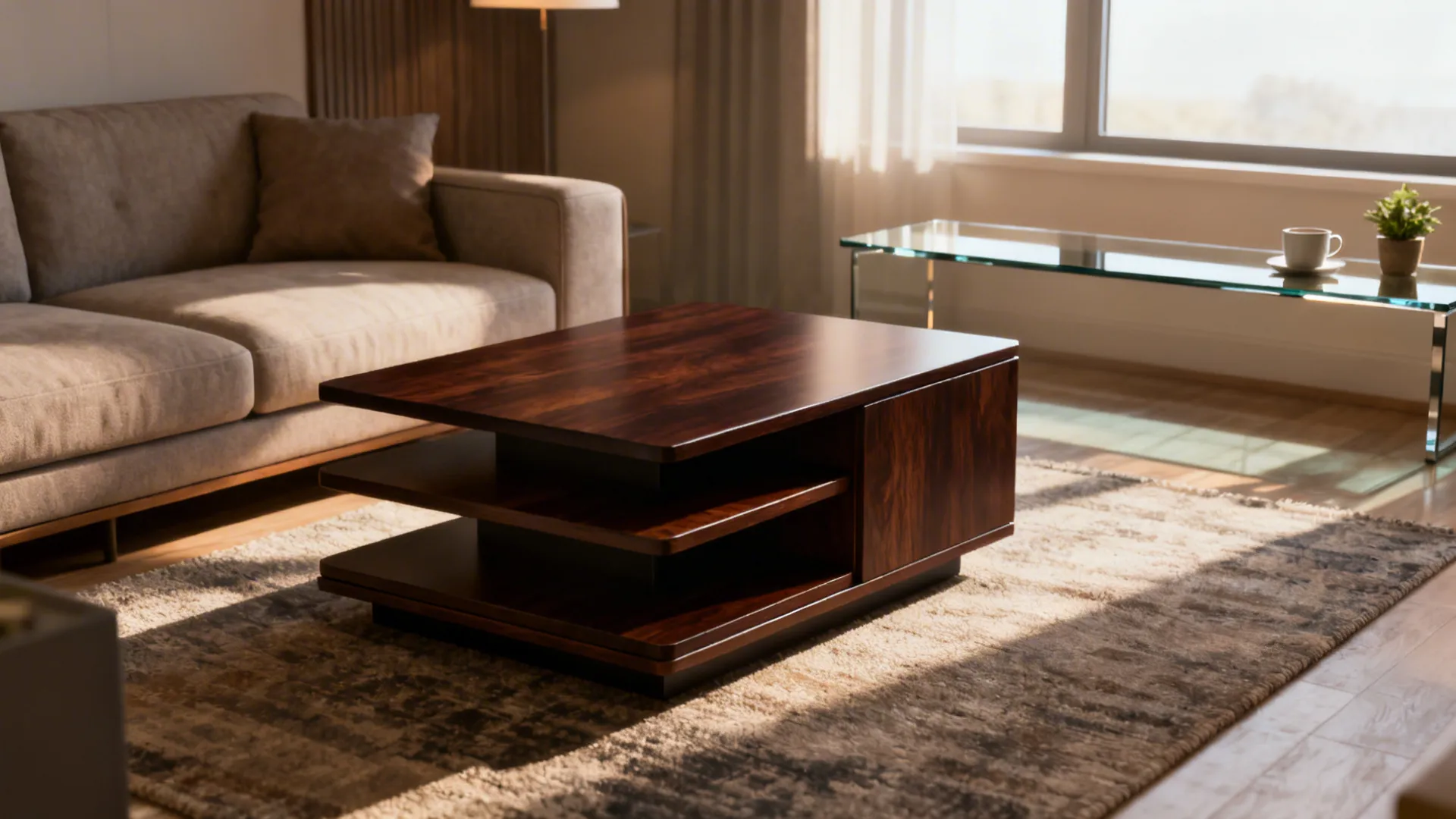 Dark wood tiered coffee table on a grey rug in a bright modern living room