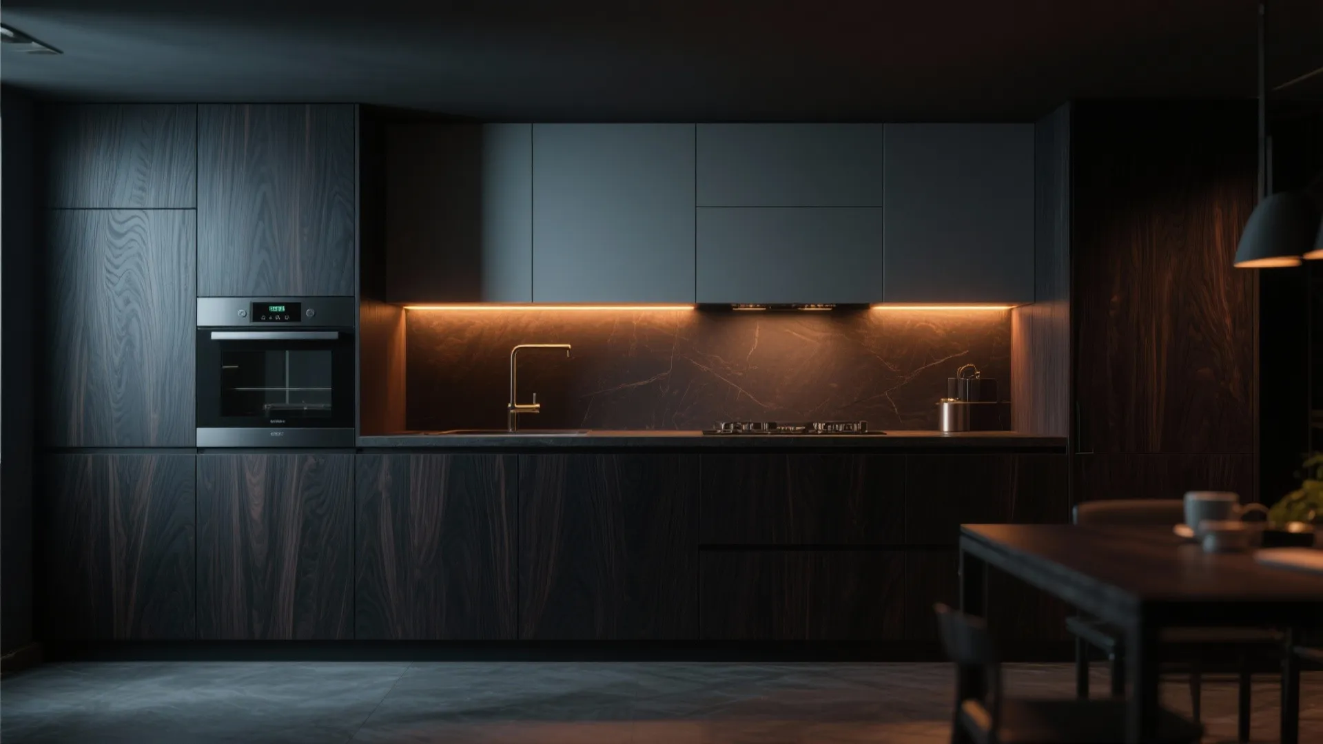Modern dark wood kitchen with warm lighting, built-in oven, stone wall, and black dining table