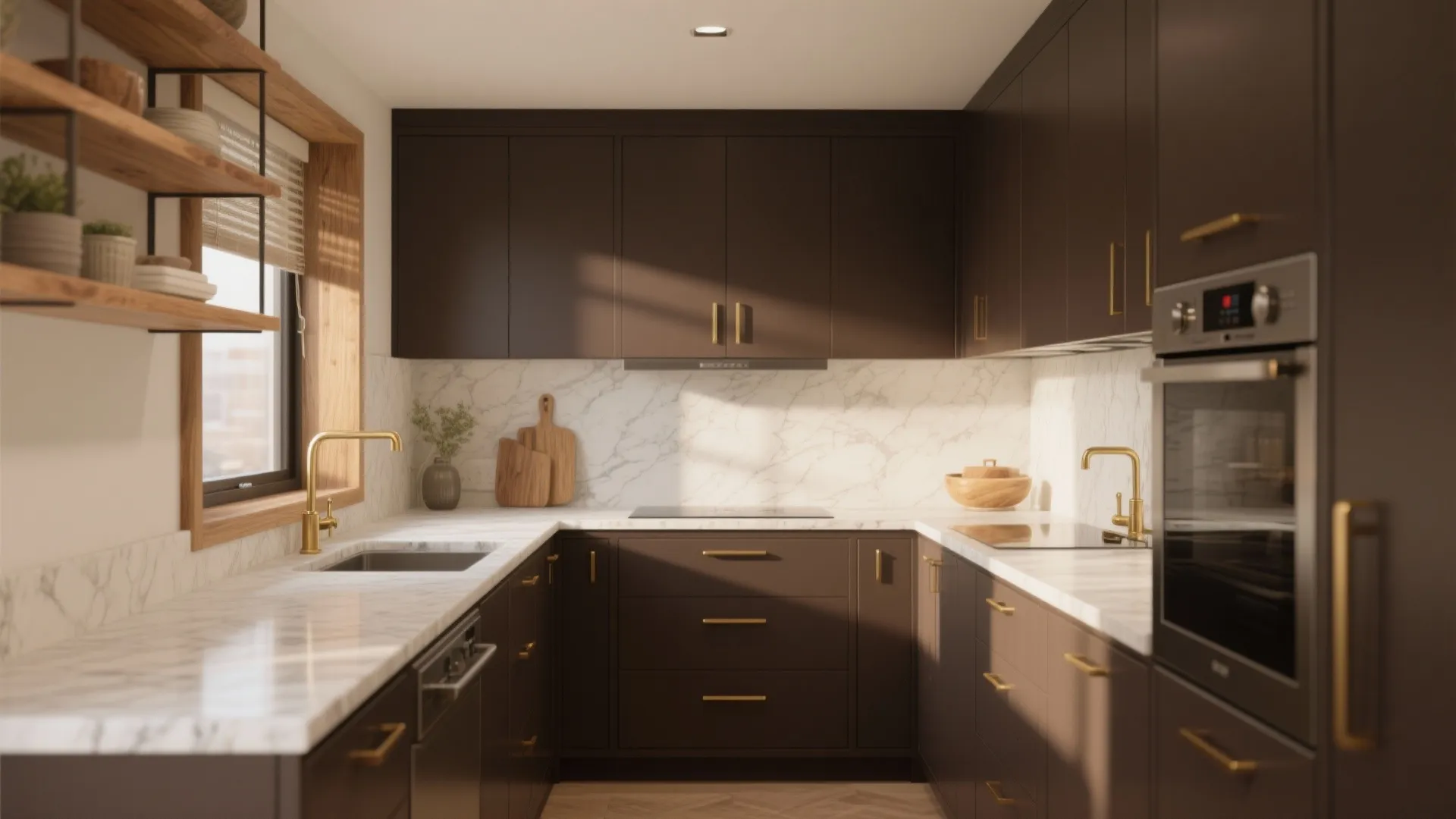 Small kitchen layout with dark brown cabinets white marble countertops gold faucet and built in oven