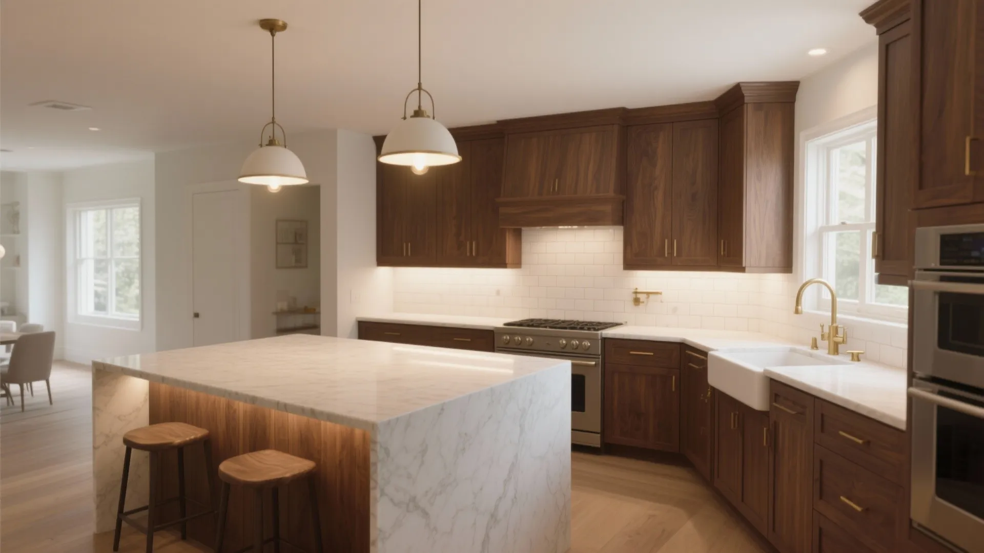 Modern kitchen with dark wood cabinets marble island white ceiling lights gold faucet and stools