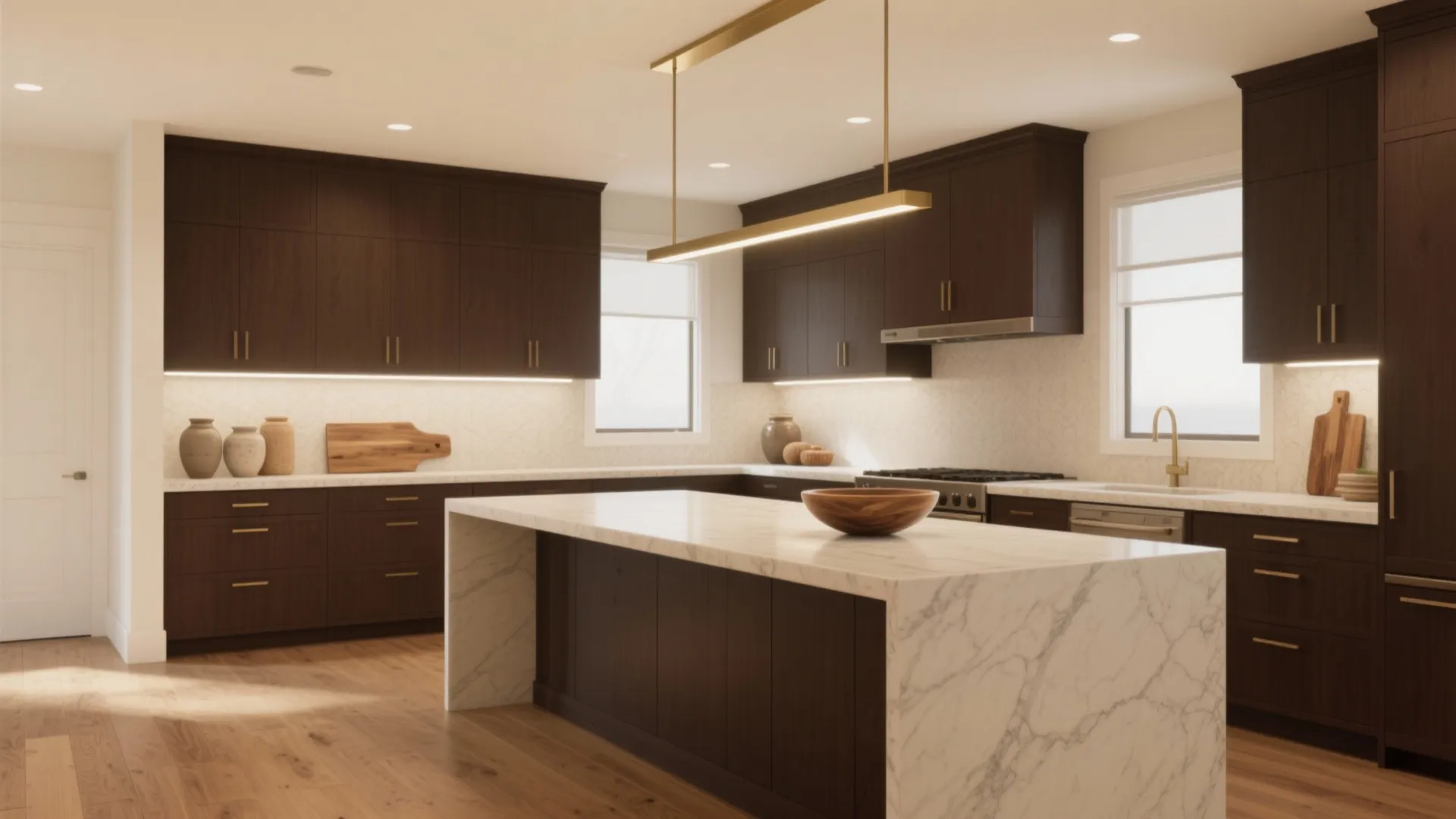 Modern kitchen featuring dark wood cabinets white marble island gold ceiling light and wooden flooring