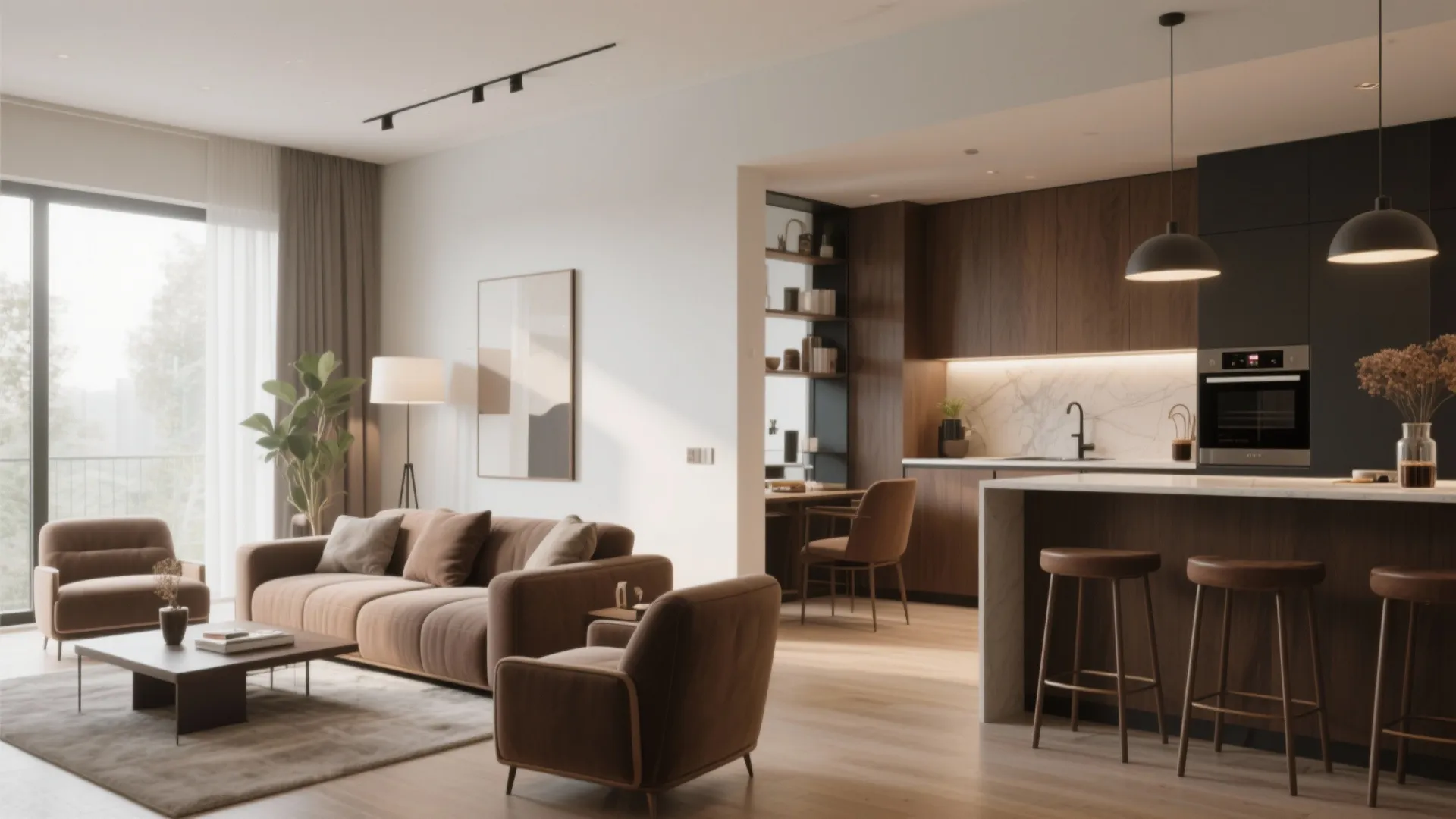 Modern open living room and kitchen area with brown sofa wooden cabinets and ceiling lights