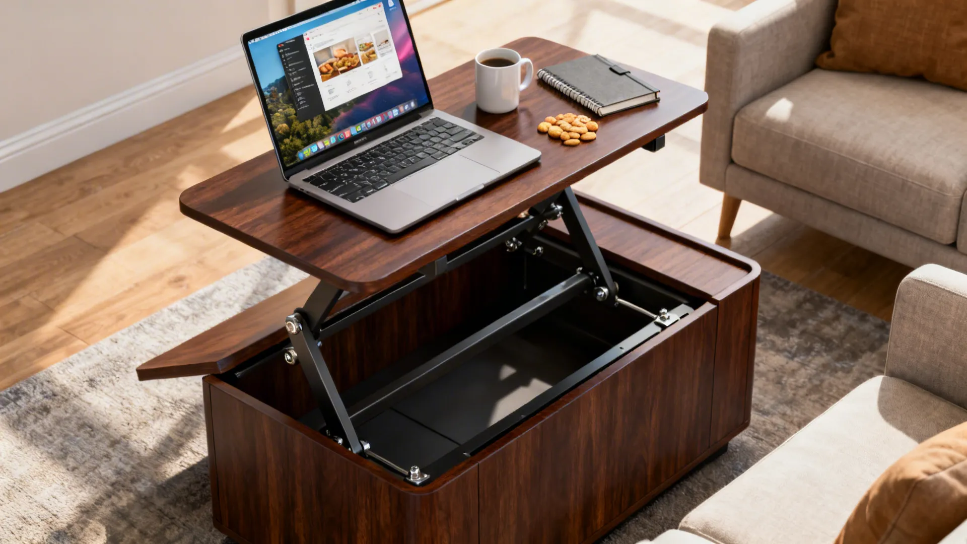 Dark wood lift top coffee table with laptop and mug in a modern living room