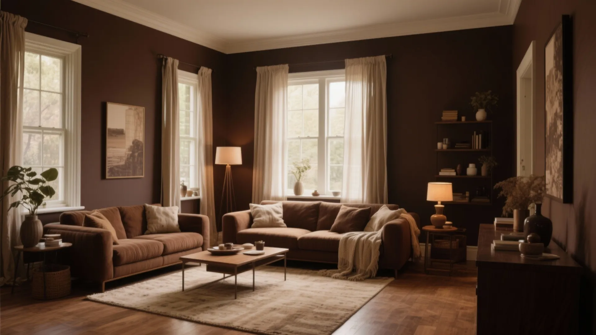 Warm living room with brown sofas wooden floor white curtains and soft ambient floor lamp