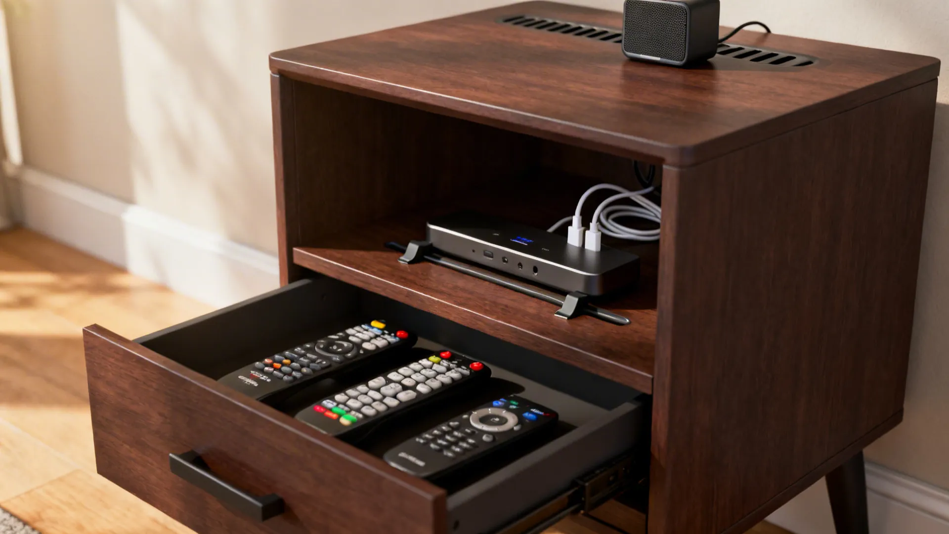 Wood cabinet with open drawer holding three remote controls and electronic hub connected with white cables