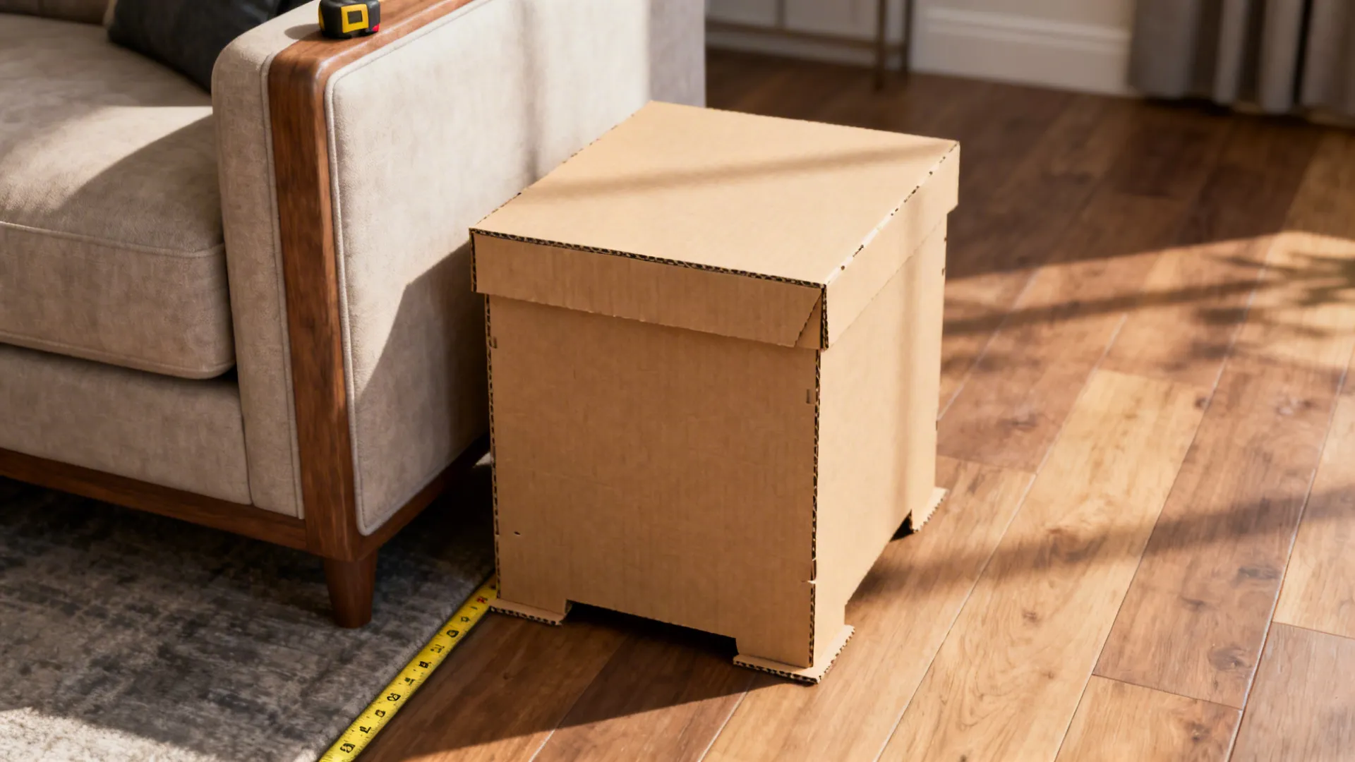 Cardboard box on wood floor next to beige sofa with yellow measuring tape in bright room