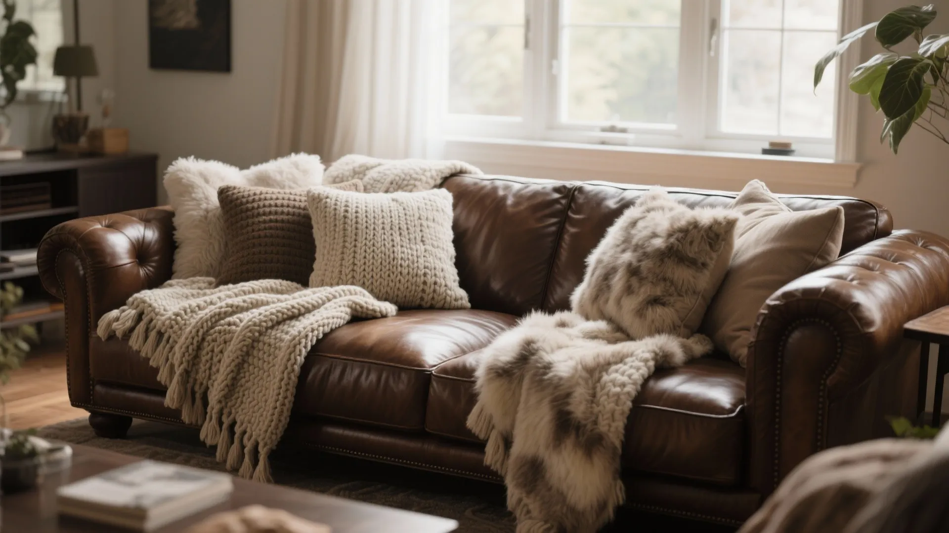 Close up of brown leather sofa decorated with white knit blankets and soft textured pillows
