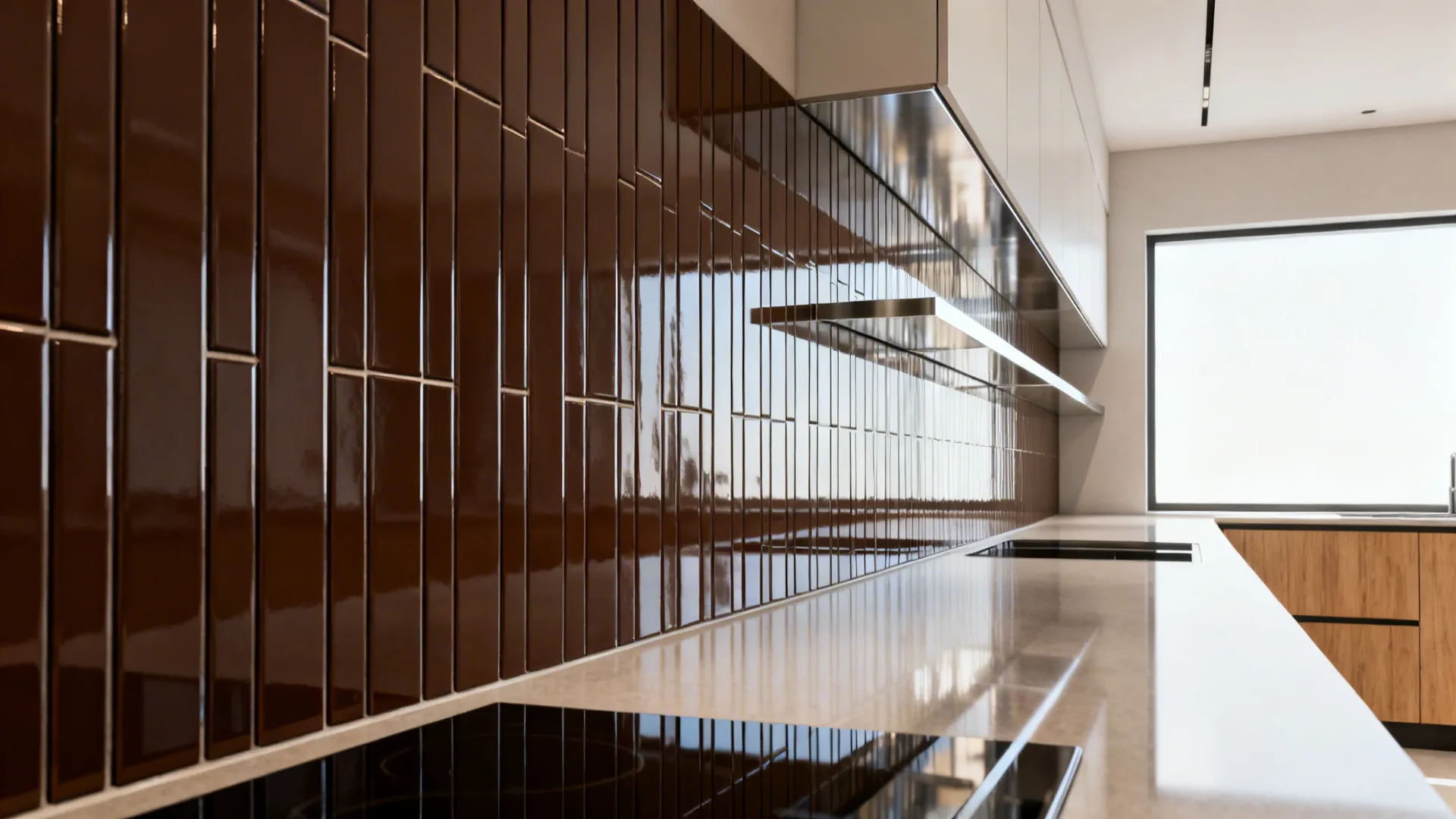 Glossy espresso vertical stacked subway tiles with stainless shelf in a narrow kitchen.