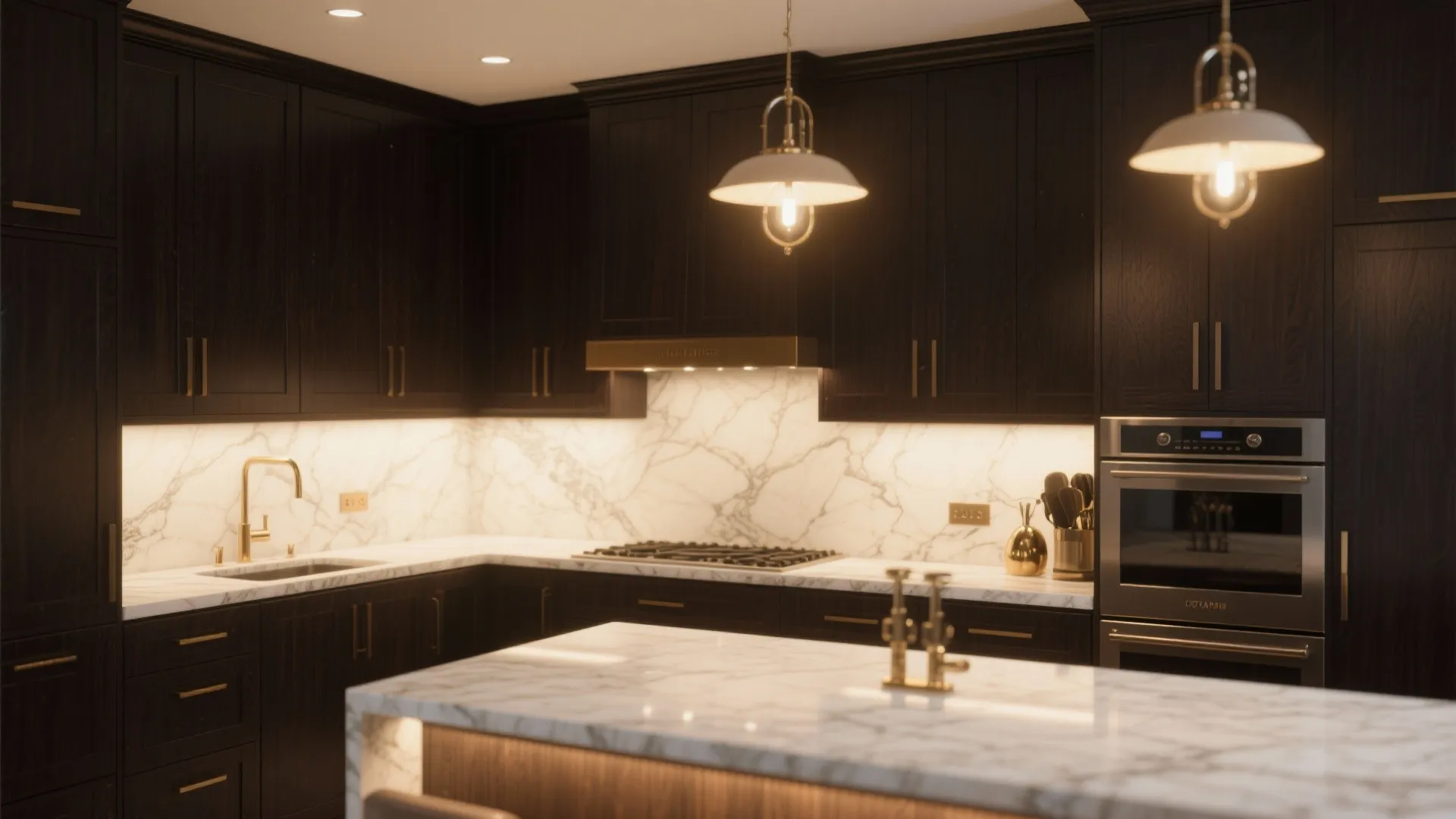 5) Dark Espresso, Light Stone, Warm Lighting