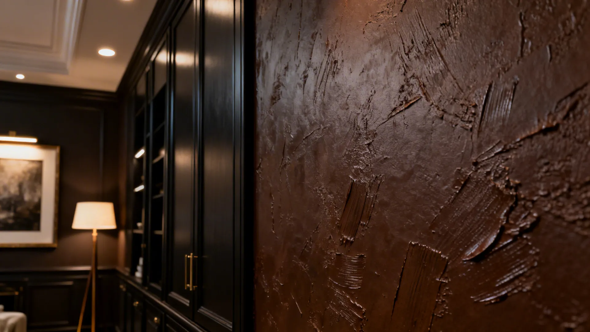 Close-up of espresso textured plaster wall with layered lighting highlighting texture.