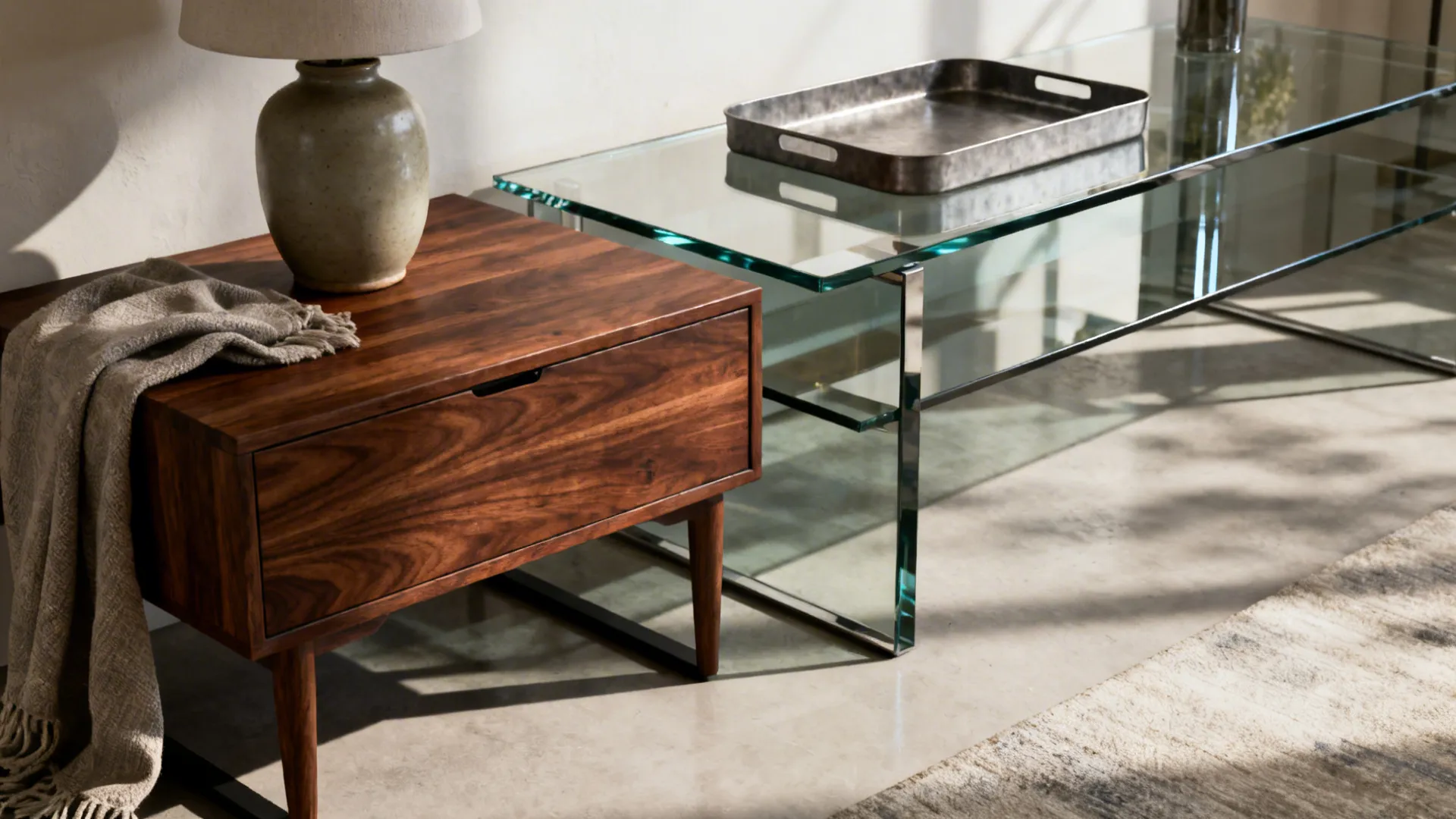 Modern wood side table with lamp and blanket next to large glass coffee table in room