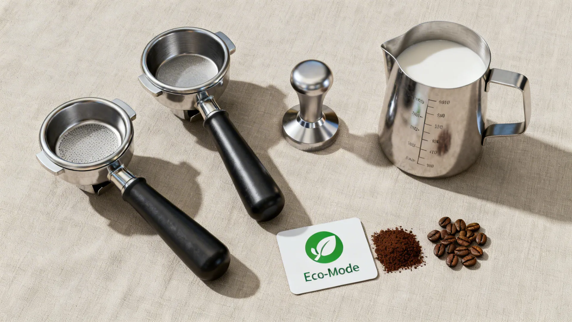 Flat lay of espresso baskets, tamper, frothing jug, and beans on neutral linen.