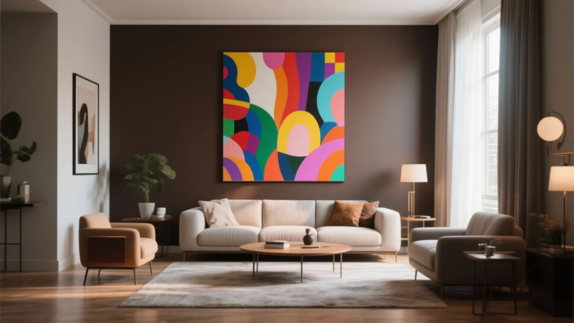 Modern living room featuring a large colorful abstract painting on a dark brown accent wall