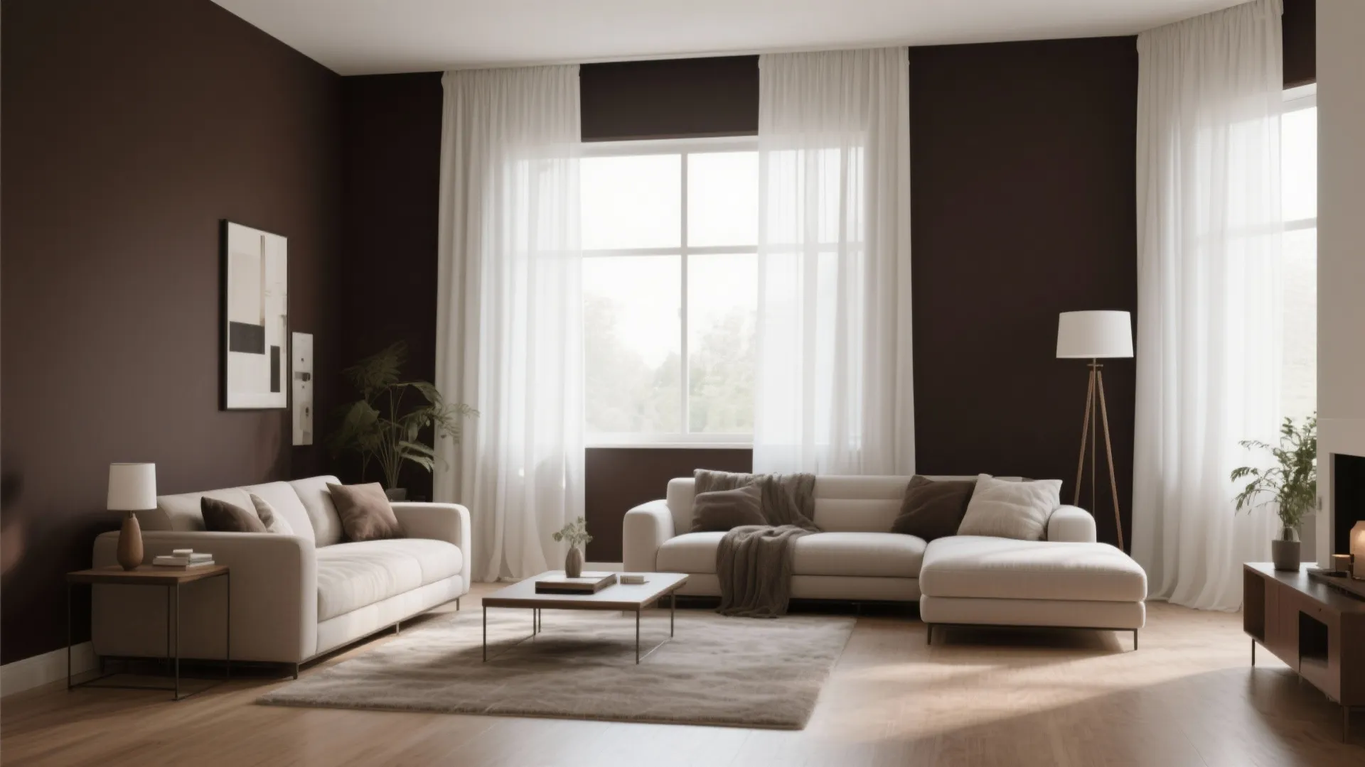 Bright living room with white sofas dark brown walls large windows and wooden coffee table