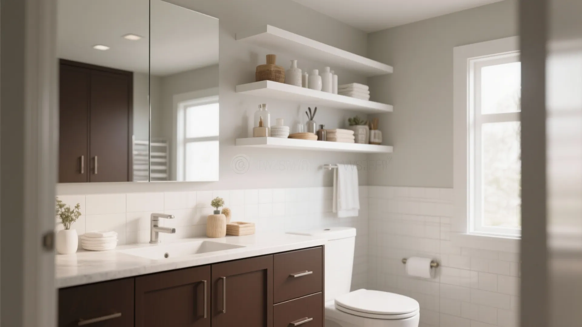 Bright bathroom with dark brown cabinet white wall shelves white tiles window and white toilet