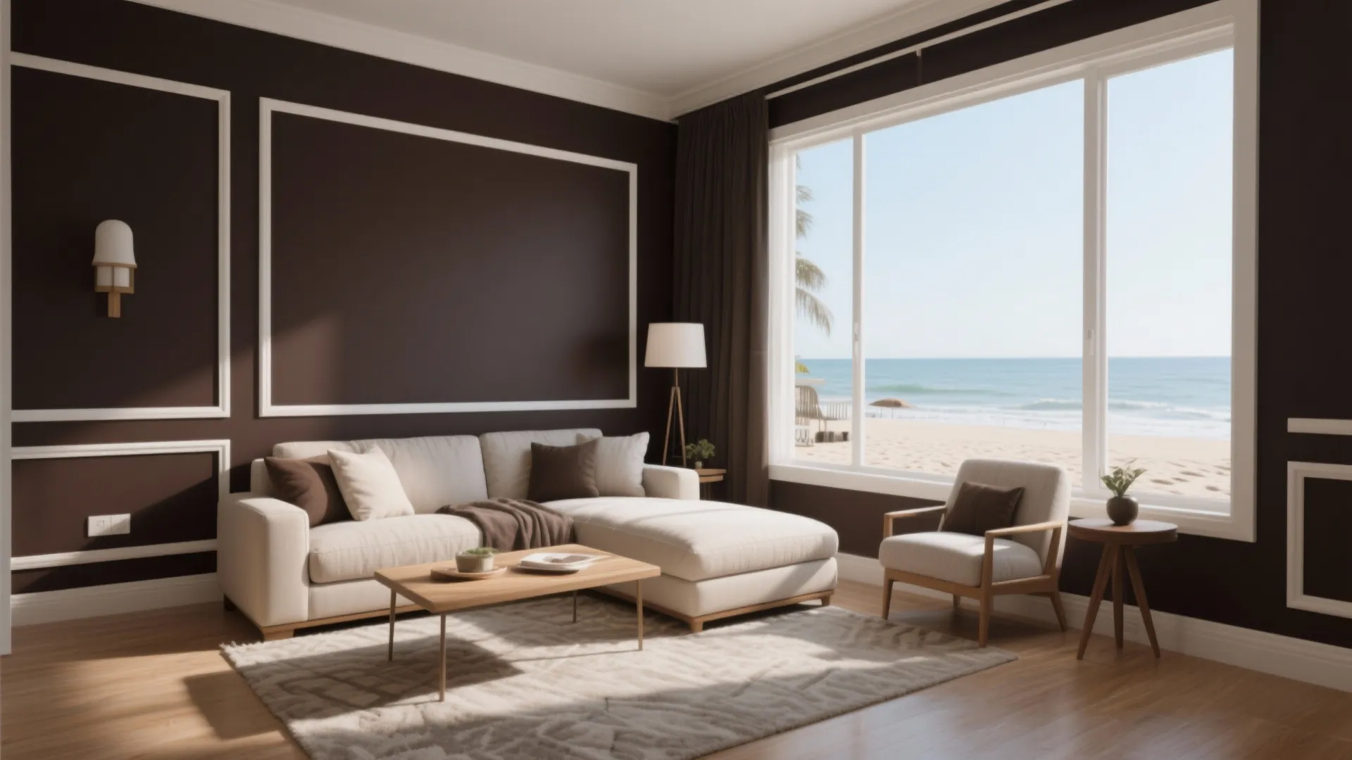 Modern living room with dark brown wall panel white sofa and large beach view window