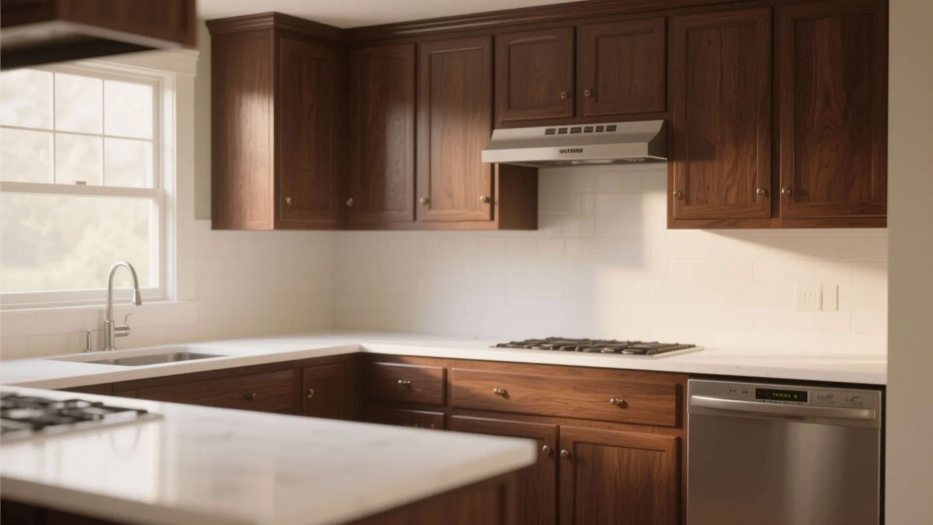 4. Espresso stained wood + bright white solid surface